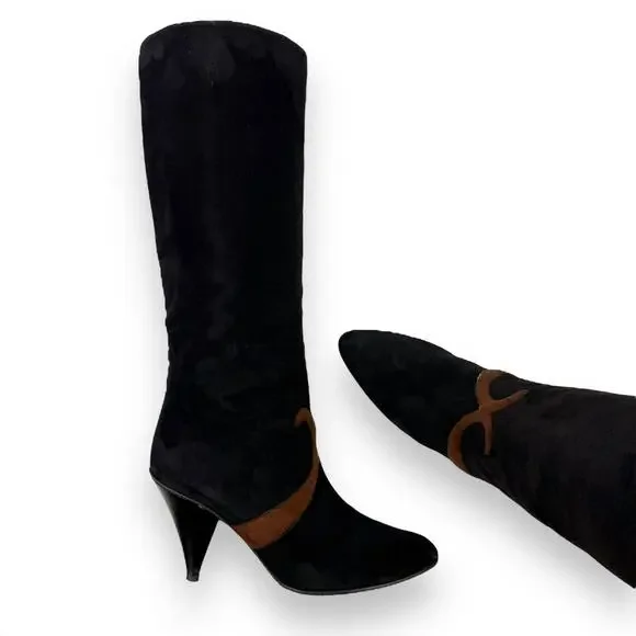 1960's Italian PANCALDI for ERIC COUTURE black and brown suede knee high boots - Picture 10 of 16
